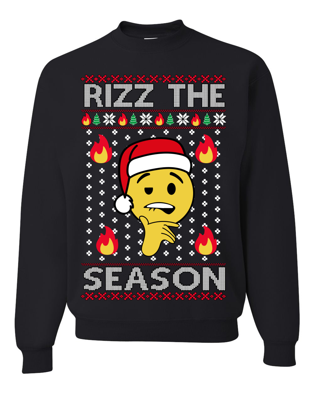 Rizz the Season, Viral Internet Fire Emoji Face Meme Romance Slang, Ugly Christmas Sweater Ugly Christmas Unisex Crewneck Sweatshirt