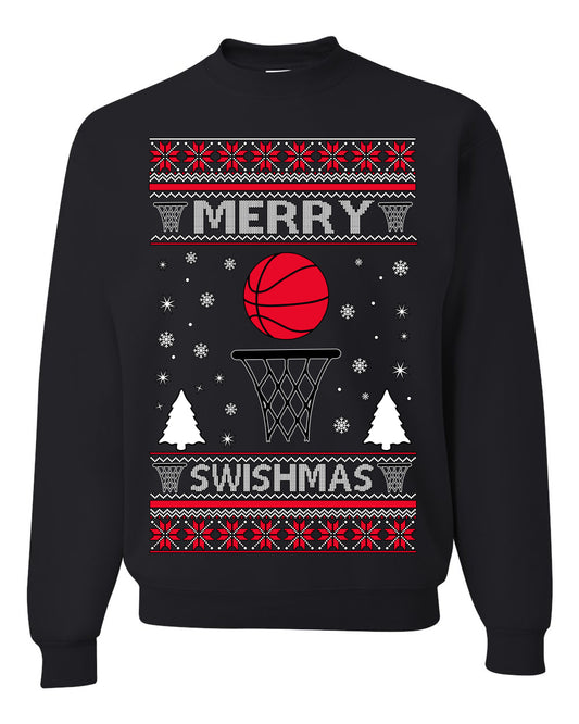 Merry Swishmas Basketball Sports Fan, Teen Sport Player Boys Girls Adult | Ugly Christmas Sweater Crewneck Sweatshirt Ugly Christmas Unisex Crewneck Sweatshirt