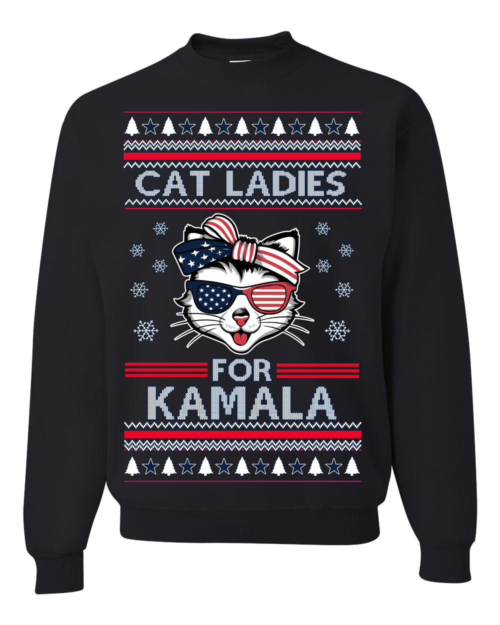 Cat Ladies for Kamala USA Glasses, Harris Tim Walz 2024 Cute USA Glasses Bow, Ugly Christmas Sweater Crewneck Sweatshirt Ugly Christmas Unisex Crewneck Sweatshirt