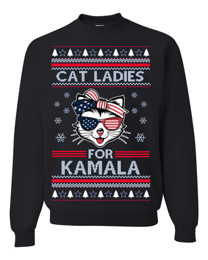 Cat Ladies for Kamala USA Glasses, Harris Tim Walz 2024 Cute USA Glasses Bow, Ugly Christmas Sweater Crewneck Sweatshirt Ugly Christmas Unisex Crewneck Sweatshirt