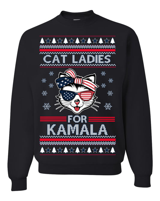 Cat Ladies for Kamala USA Glasses, Harris Tim Walz 2024 Cute USA Glasses Bow, Ugly Christmas Sweater Crewneck Sweatshirt Ugly Christmas Unisex Crewneck Sweatshirt