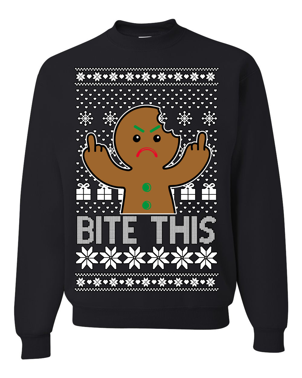 Bite This, Funny Gingerbread Cookie Offensive Inappropriate Middle Finger, F U Ginger Bread Dirty Novelty Xmas Ugly Christmas Sweater Ugly Christmas Unisex Crewneck Sweatshirt