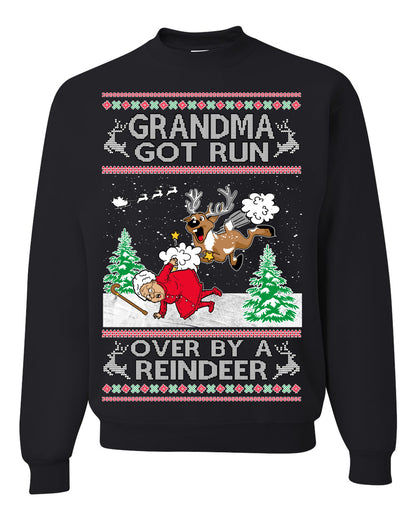 Grandma Got Run Over by a Reindeer, Funny Animated Design Rein Deer Kids TV Song Movie, Ugly Christmas Sweater Ugly Christmas Unisex Crewneck Sweatshirt