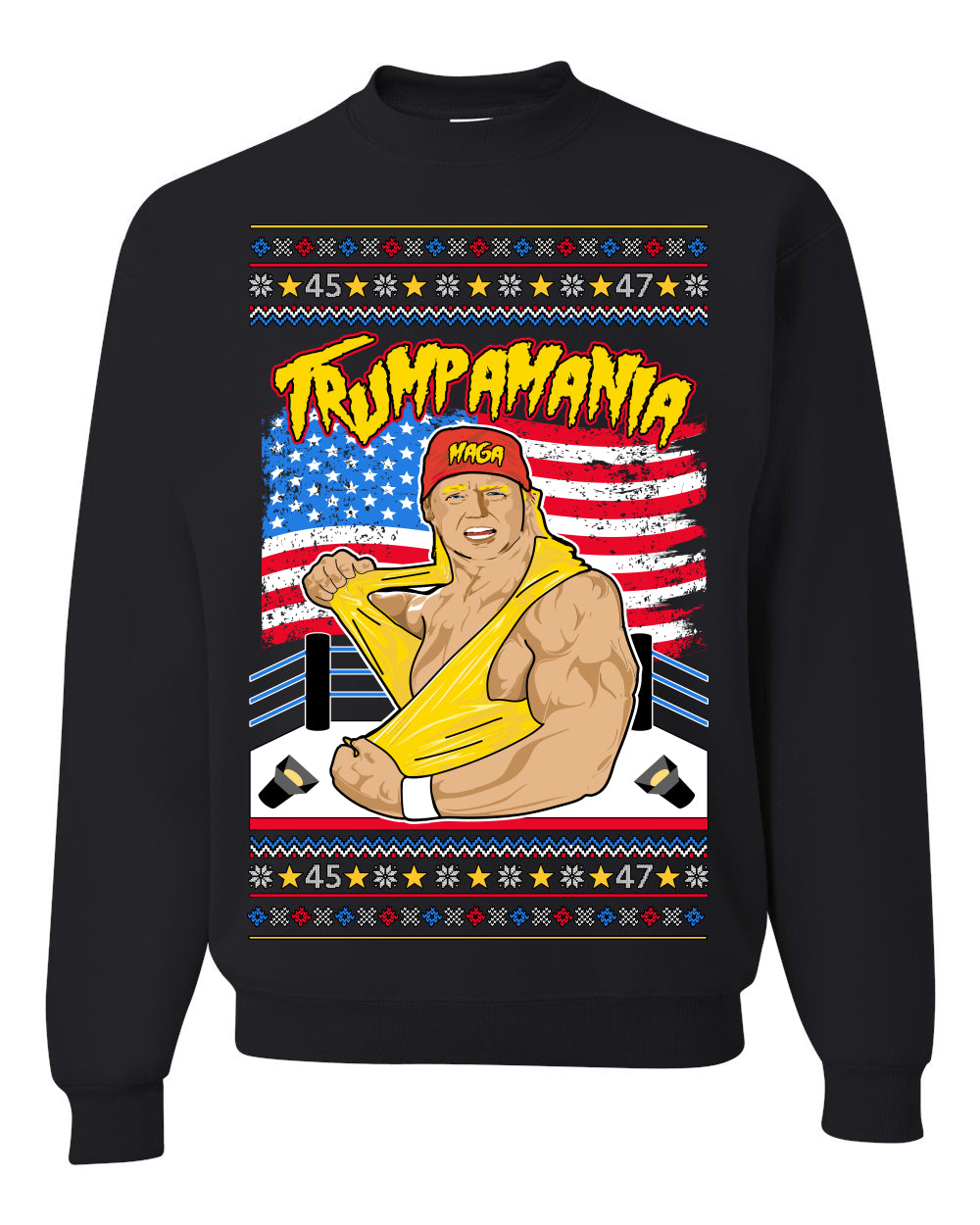 Trumpamania Funny Hogan 80s USA Wrestling Sports Parody, Donald Trump Vance 2024 Wrestler MAGA Make America Great Again, Ugly Christmas Sweater Ugly Christmas Unisex Crewneck Sweatshirt