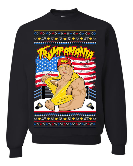 Trumpamania Funny Hogan 80s USA Wrestling Sports Parody, Donald Trump Vance 2024 Wrestler MAGA Make America Great Again, Ugly Christmas Sweater Ugly Christmas Unisex Crewneck Sweatshirt