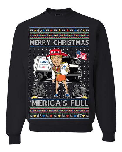 Donald Trump Merry Christmas Merica's Full, Cousin Eddie Christmas Vacation Garbage for Trump Funny Viral Meme, Ugly Christmas Sweater Ugly Christmas Unisex Crewneck Sweatshirt