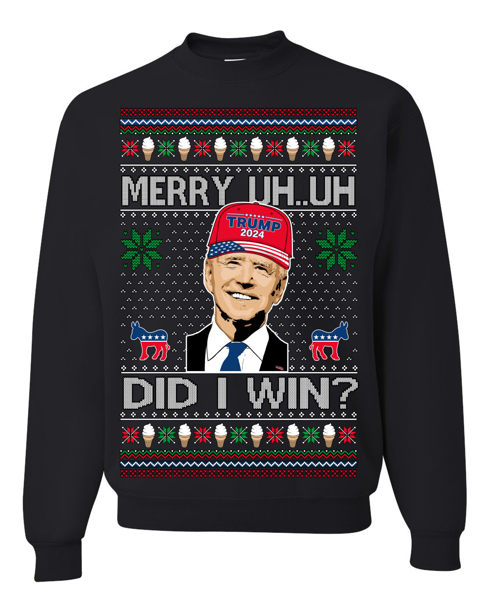 Merry Uh Did I Win? Funny Confused Joe Biden, Liberal Democrats Election 2024 Ugly Christmas Sweater Ugly Christmas Unisex Crewneck Sweatshirt