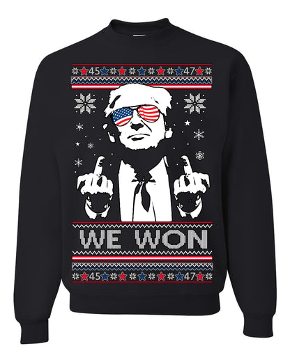 We Won Funny 45 47 President Trump Shot USA Glasses, 47th USA President of the United States, Gift for Republicans Conservatives Ugly Christmas Sweater Ugly Christmas Unisex Crewneck Sweatshirt