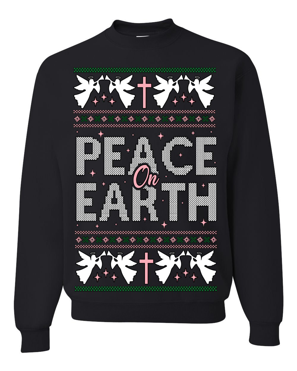 Peace On Earth Funny Xmas Cute Pink Angel Cross, Women Men Religious Christian Catholic Ugly Christmas Sweater Ugly Christmas Unisex Crewneck Sweatshirt