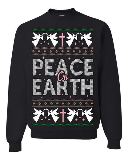Peace On Earth Funny Xmas Cute Pink Angel Cross, Women Men Religious Christian Catholic Ugly Christmas Sweater Ugly Christmas Unisex Crewneck Sweatshirt