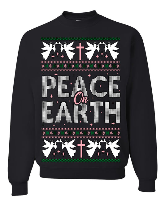 Peace On Earth Funny Xmas Cute Pink Angel Cross, Women Men Religious Christian Catholic Ugly Christmas Sweater Ugly Christmas Unisex Crewneck Sweatshirt