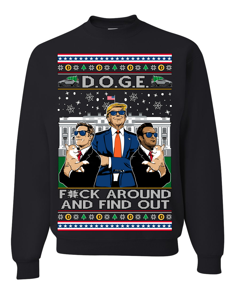 Doge F Around and Find Out Donald Trump Elon Vivek, Department of Govenmental Efficiency D.O.G.E. Republicans MAGA Ugly Christmas Sweater Ugly Christmas Unisex Crewneck Sweatshirt