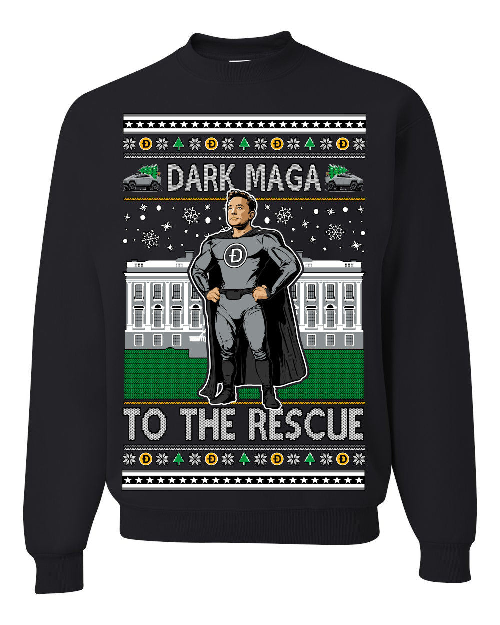 Dark MAGA to the Rescue, Elon Superhero Doge Crypto Dogecoin Make America Great Again Trump 2024 Ugly Christmas Sweater Ugly Christmas Unisex Crewneck Sweatshirt