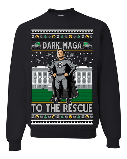 Dark MAGA to the Rescue, Elon Superhero Doge Crypto Dogecoin Make America Great Again Trump 2024 Ugly Christmas Sweater Ugly Christmas Unisex Crewneck Sweatshirt