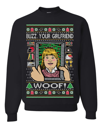 Buzz Your Girlfriend Woof, Funny 90s Chicago Xmas Movie Alone Kevin, Ugly Christmas Sweater Ugly Christmas Unisex Crewneck Sweatshirt