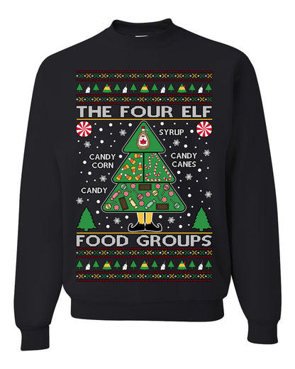The Four Elf Food Groups, Peppermint Chocolate Candy Canes Syrup, Funny Ugly Christmas Sweater Ugly Christmas Unisex Crewneck Sweatshirt