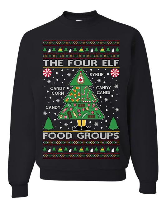 The Four Elf Food Groups, Peppermint Chocolate Candy Canes Syrup, Funny Ugly Christmas Sweater Ugly Christmas Unisex Crewneck Sweatshirt