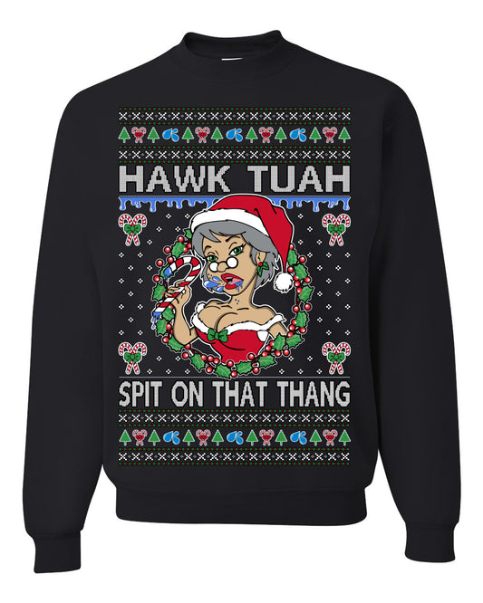 Hawk Tuah Spit On That Thang, Viral Hilarious Candy Cane Mrs Claus Funny Naughty Suck Meme, Ugly Christmas Sweater Ugly Christmas Unisex Crewneck Sweatshirt