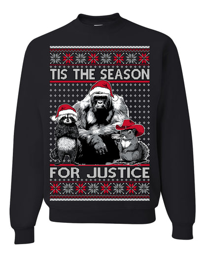 Tis the Season For Justice, RIP Harambe Peanut the Squirrel Fred Raccoon Viral Save our Pets Meme, Ugly Christmas Sweater Ugly Christmas Unisex Crewneck Sweatshirt
