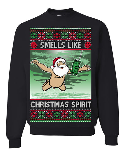Smells Like Christmas Spirit, Funny Santa Claus Classic 90s Alternative Rock Album Cover Music Parody Ugly Christmas Sweater Ugly Christmas Unisex Crewneck Sweatshirt