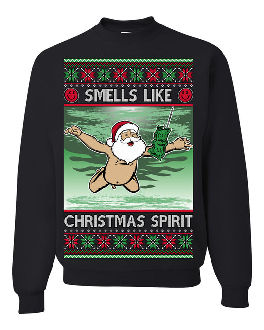 Smells Like Christmas Spirit, Funny Santa Claus Classic 90s Alternative Rock Album Cover Music Parody Ugly Christmas Sweater Ugly Christmas Unisex Crewneck Sweatshirt