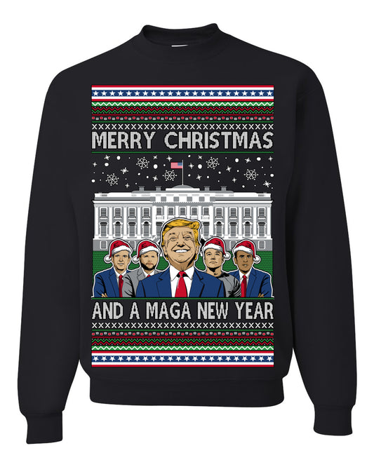 Merry Christmas and a MAGA New Year 2025, Trump Vance Administration 45 47 Make America Great Again USA Ugly Christmas Sweater Ugly Christmas Unisex Crewneck Sweatshirt