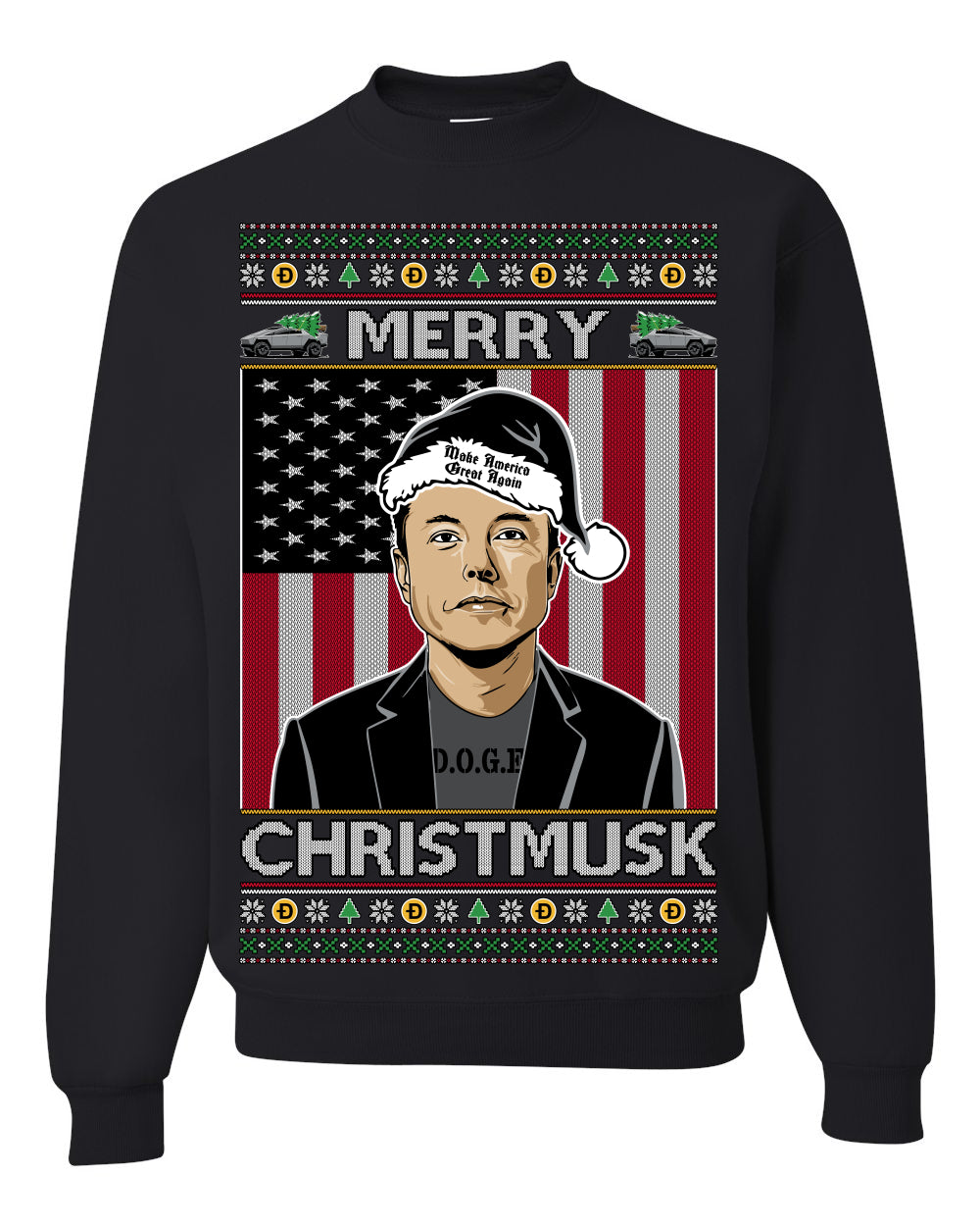 Merry Christmusk Funny Dark MAGA Santa Elon Doge Meme, Crypto Dogecoin America First USA Republican Ugly Christmas Sweater Ugly Christmas Unisex Crewneck Sweatshirt
