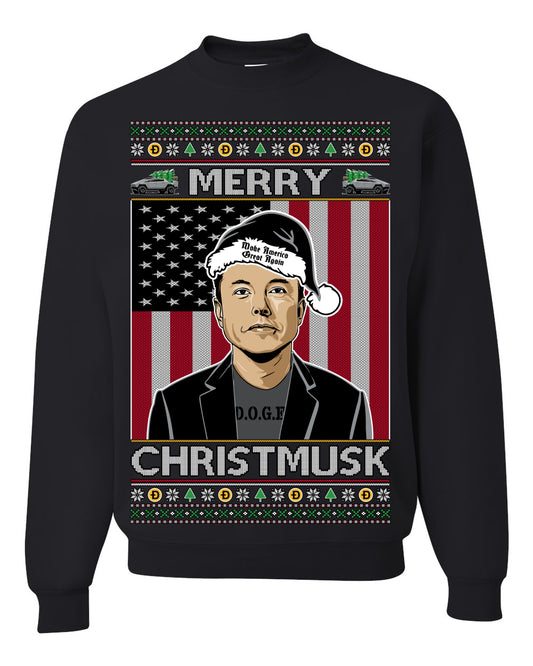 Merry Christmusk Funny Dark MAGA Santa Elon Doge Meme, Crypto Dogecoin America First USA Republican Ugly Christmas Sweater Ugly Christmas Unisex Crewneck Sweatshirt