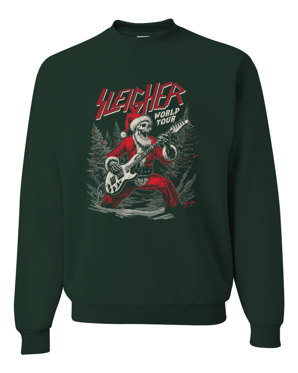Sleigher World Tour | Funny Heavy Metal Electric Rock Guitar Skull Santa Claus Xmas North Pole Ugly Christmas Unisex Crewneck Sweatshirt