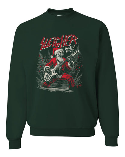 Sleigher World Tour | Funny Heavy Metal Electric Rock Guitar Skull Santa Claus Xmas North Pole Ugly Christmas Unisex Crewneck Sweatshirt