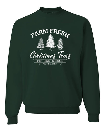 Farm Fresh Christmas Trees Classic White Design | Fir Pine Sprice, Cut and Carry, Classic Vintage Winter Holiday Tree Logo Ugly Christmas Unisex Crewneck Sweatshirt