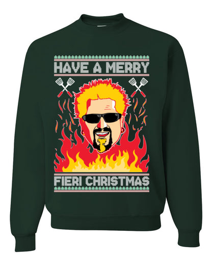 Have a Merry Fieri Christmas, Viral Grocery Games Meme, Flavor Fire Tequila TV Chef Ugly Christmas Sweater Ugly Christmas Unisex Crewneck Sweatshirt