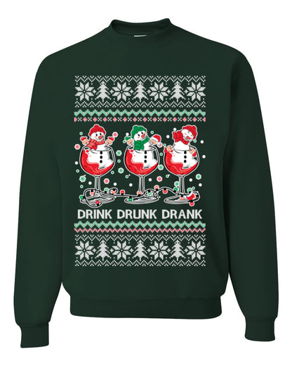 Drink Drank Drunk Funny Snowman, Funny Cocktail Wine Beer Alcohol Candy Cane Mixed Drinks Bar Crawl, Ugly Christmas Sweater Ugly Christmas Unisex Crewneck Sweatshirt