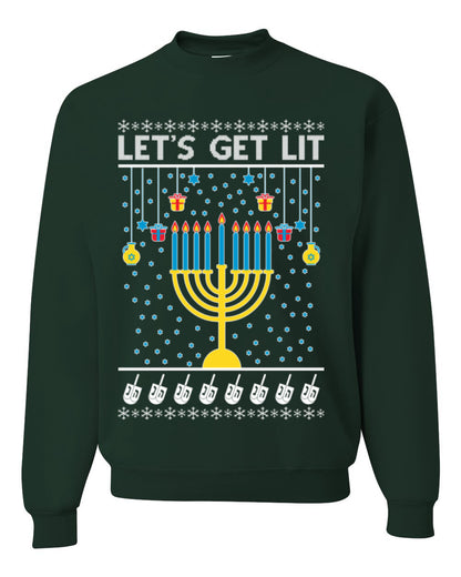 Let's Get Lit, Funny Chanukah Menorah Winter Jewish Holidays, Hanukkah Ugly Christmas Sweater Ugly Christmas Unisex Crewneck Sweatshirt