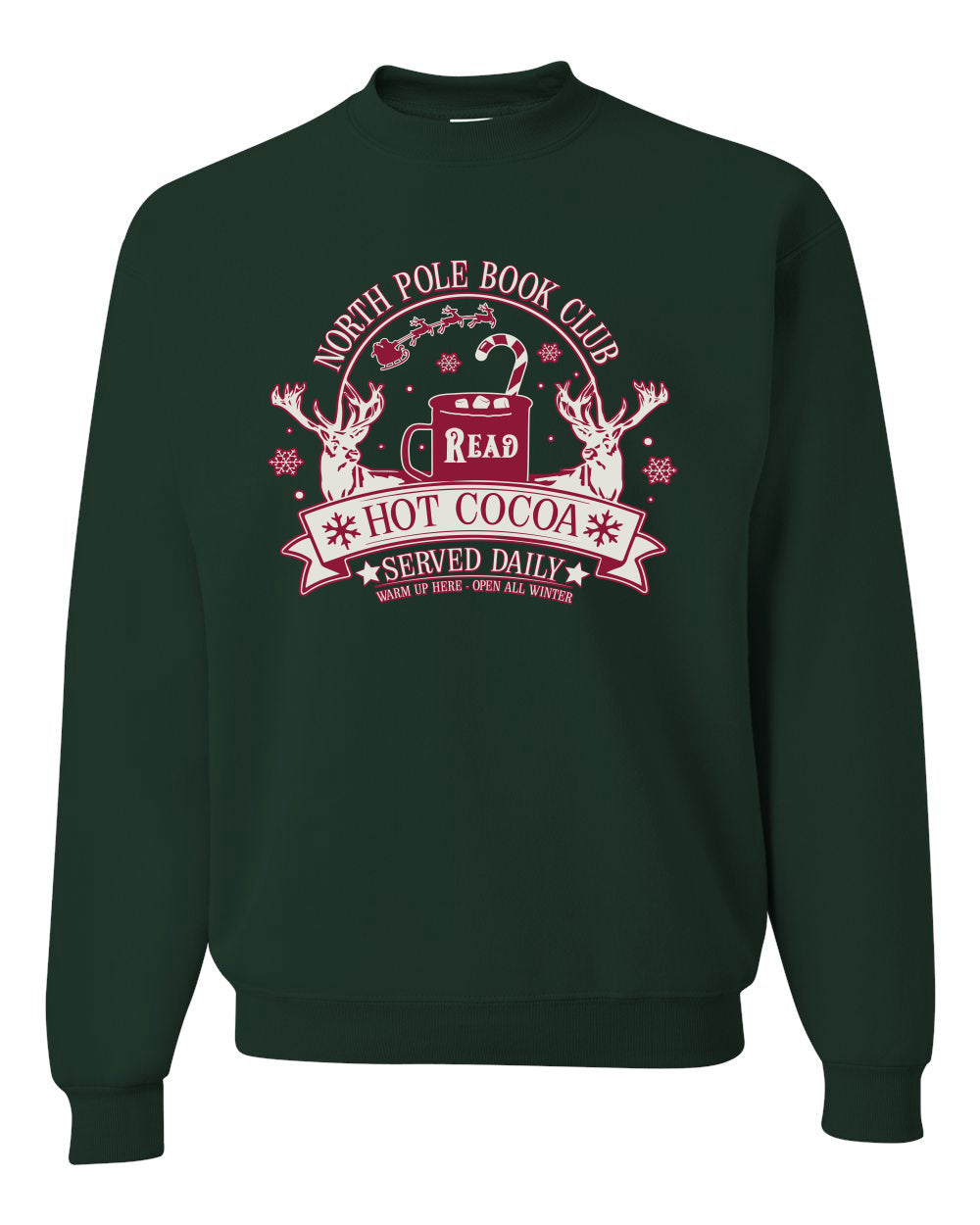 North Pole Book Club | Hot Cocoa Served Daily, Cute Funny Read Books Reading Snow Reindeer Winter Hot Chocolate Ugly Christmas Unisex Crewneck Sweatshirt