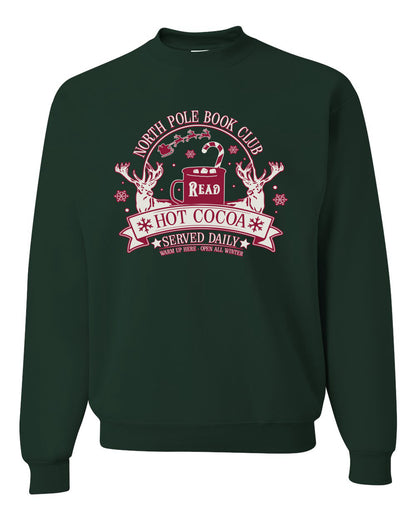North Pole Book Club | Hot Cocoa Served Daily, Cute Funny Read Books Reading Snow Reindeer Winter Hot Chocolate Ugly Christmas Unisex Crewneck Sweatshirt