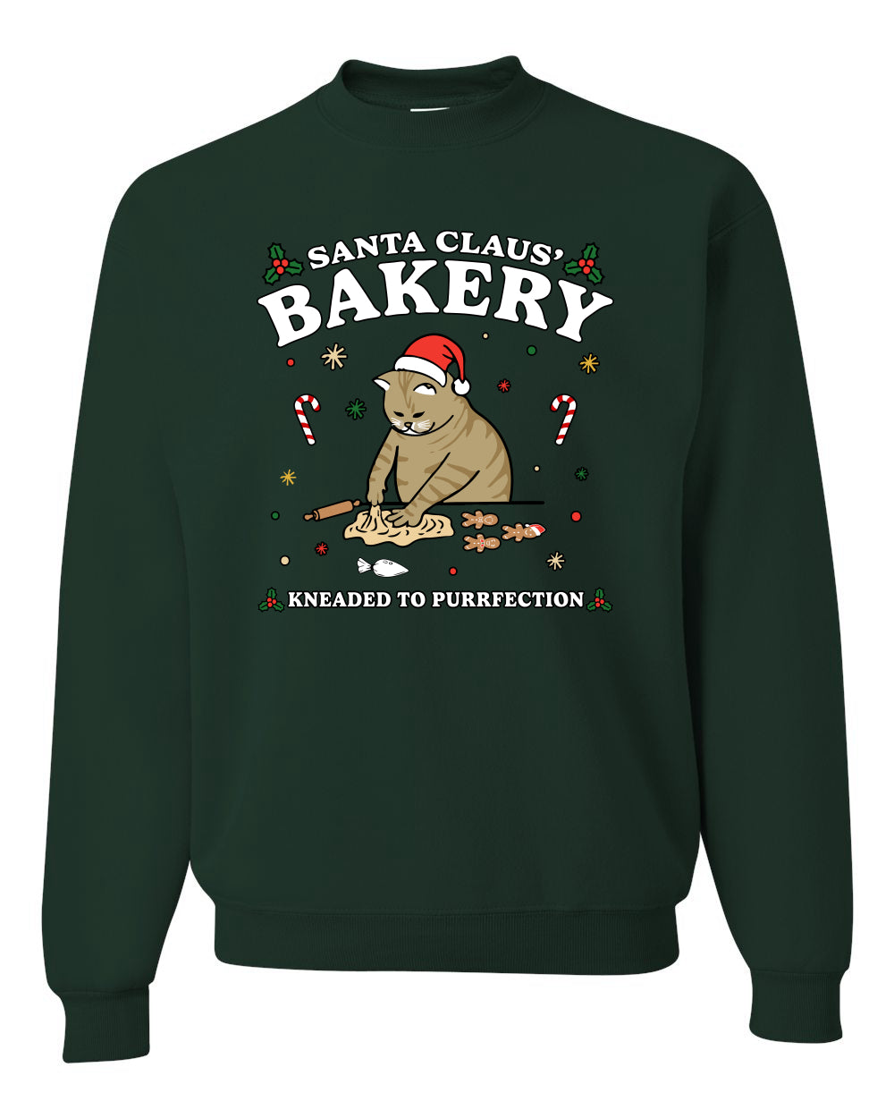 Santa Claus Bakery | Bread Kneaded to Purrfection, Funny Cute Cat Chef Baker Joke Ugly Christmas Unisex Crewneck Sweatshirt