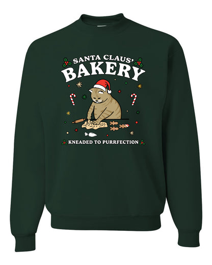 Santa Claus Bakery | Bread Kneaded to Purrfection, Funny Cute Cat Chef Baker Joke Ugly Christmas Unisex Crewneck Sweatshirt