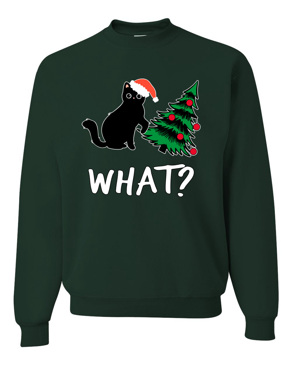What? Funny Guilty Santa Cat Christmas Tree Mischief Pet Humor Ugly Christmas Unisex Crewneck Sweatshirt