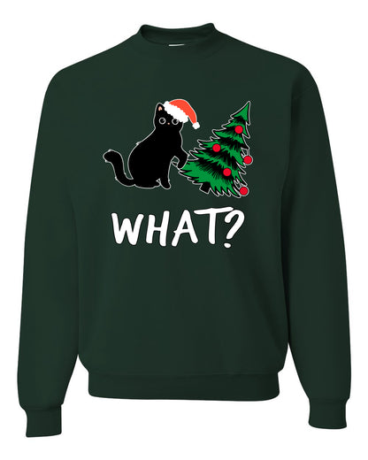 What? Funny Guilty Santa Cat Christmas Tree Mischief Pet Humor Ugly Christmas Unisex Crewneck Sweatshirt