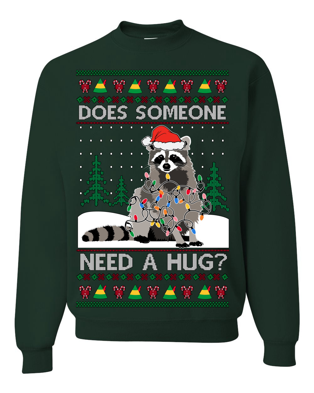 Does Someone Need a Hug? Funny Cute Santa Trash Panda Raccoon, Viral Meme Xmas Lights  Ugly Christmas Unisex Crewneck Sweatshirt