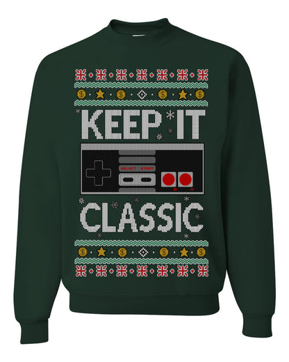 Keep It Classic 80s Video Game Controller, Retro Vintage Games  | Funny Ugly Christmas Sweater Crewneck Sweatshirt Ugly Christmas Unisex Crewneck Sweatshirt