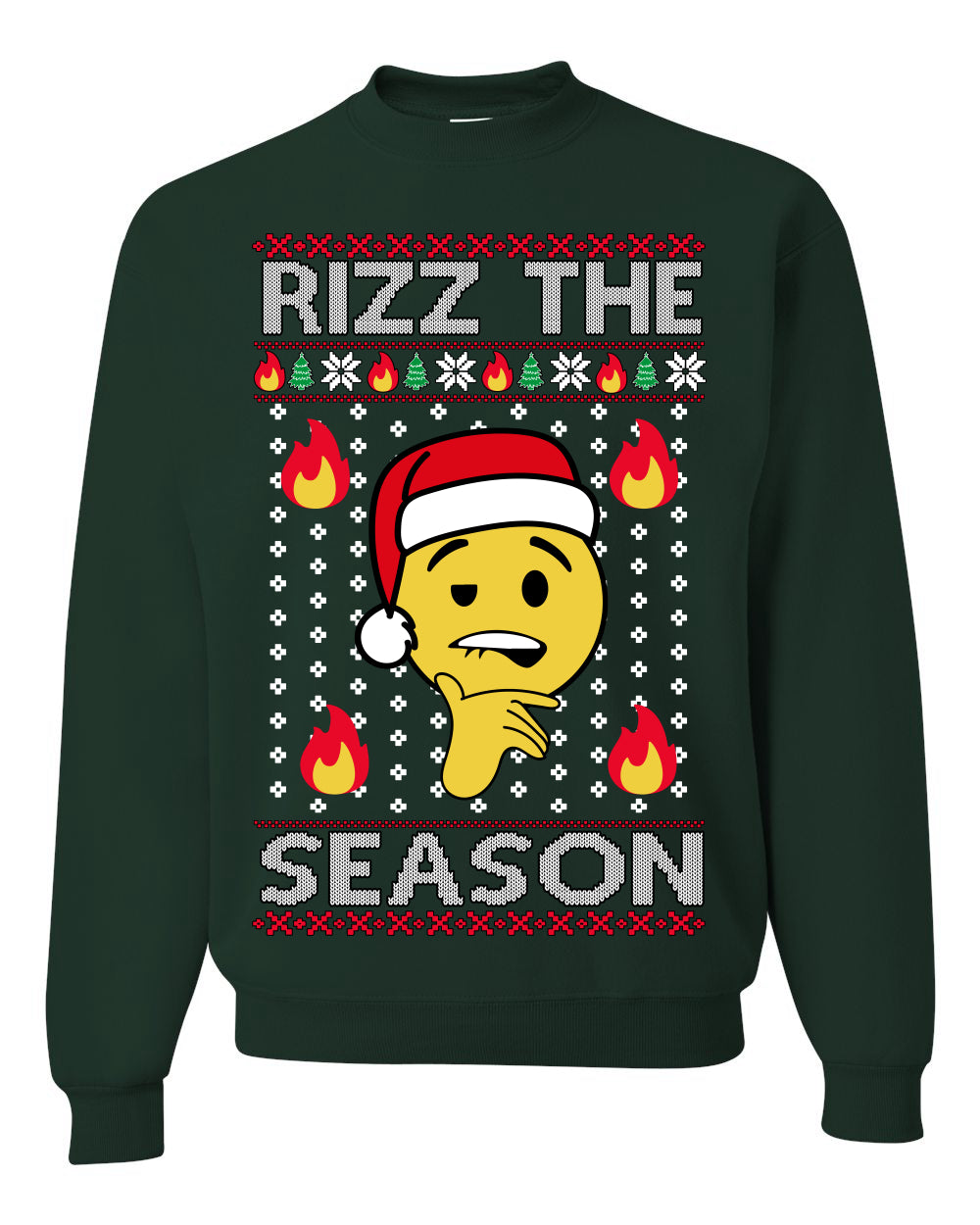 Rizz the Season, Viral Internet Fire Emoji Face Meme Romance Slang, Ugly Christmas Sweater Ugly Christmas Unisex Crewneck Sweatshirt