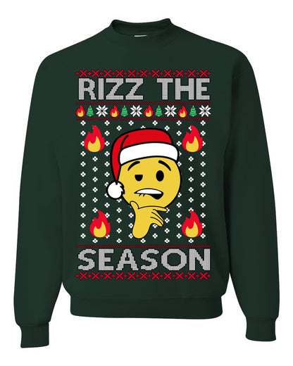 Rizz the Season, Viral Internet Fire Emoji Face Meme Romance Slang, Ugly Christmas Sweater Ugly Christmas Unisex Crewneck Sweatshirt