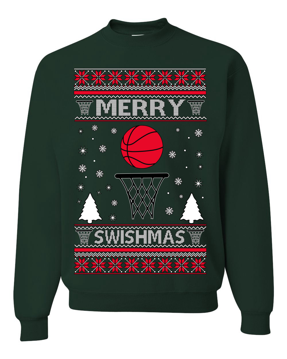 Merry Swishmas Basketball Sports Fan, Teen Sport Player Boys Girls Adult | Ugly Christmas Sweater Crewneck Sweatshirt Ugly Christmas Unisex Crewneck Sweatshirt