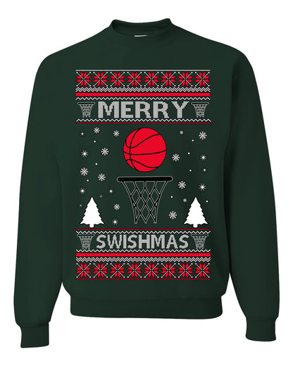 Merry Swishmas Basketball Sports Fan, Teen Sport Player Boys Girls Adult | Ugly Christmas Sweater Crewneck Sweatshirt Ugly Christmas Unisex Crewneck Sweatshirt