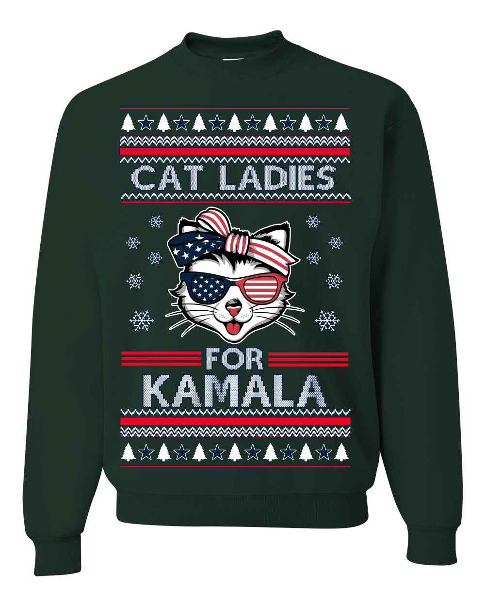 Cat Ladies for Kamala USA Glasses, Harris Tim Walz 2024 Cute USA Glasses Bow, Ugly Christmas Sweater Crewneck Sweatshirt Ugly Christmas Unisex Crewneck Sweatshirt