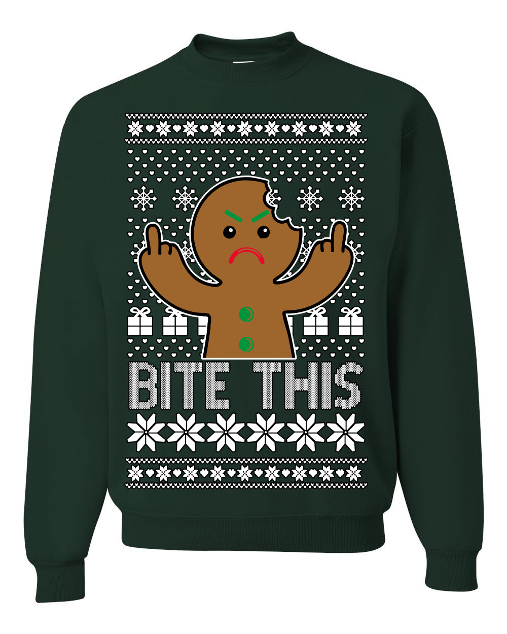Bite This, Funny Gingerbread Cookie Offensive Inappropriate Middle Finger, F U Ginger Bread Dirty Novelty Xmas Ugly Christmas Sweater Ugly Christmas Unisex Crewneck Sweatshirt