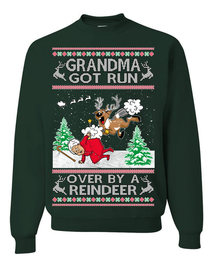 Grandma Got Run Over by a Reindeer, Funny Animated Design Rein Deer Kids TV Song Movie, Ugly Christmas Sweater Ugly Christmas Unisex Crewneck Sweatshirt