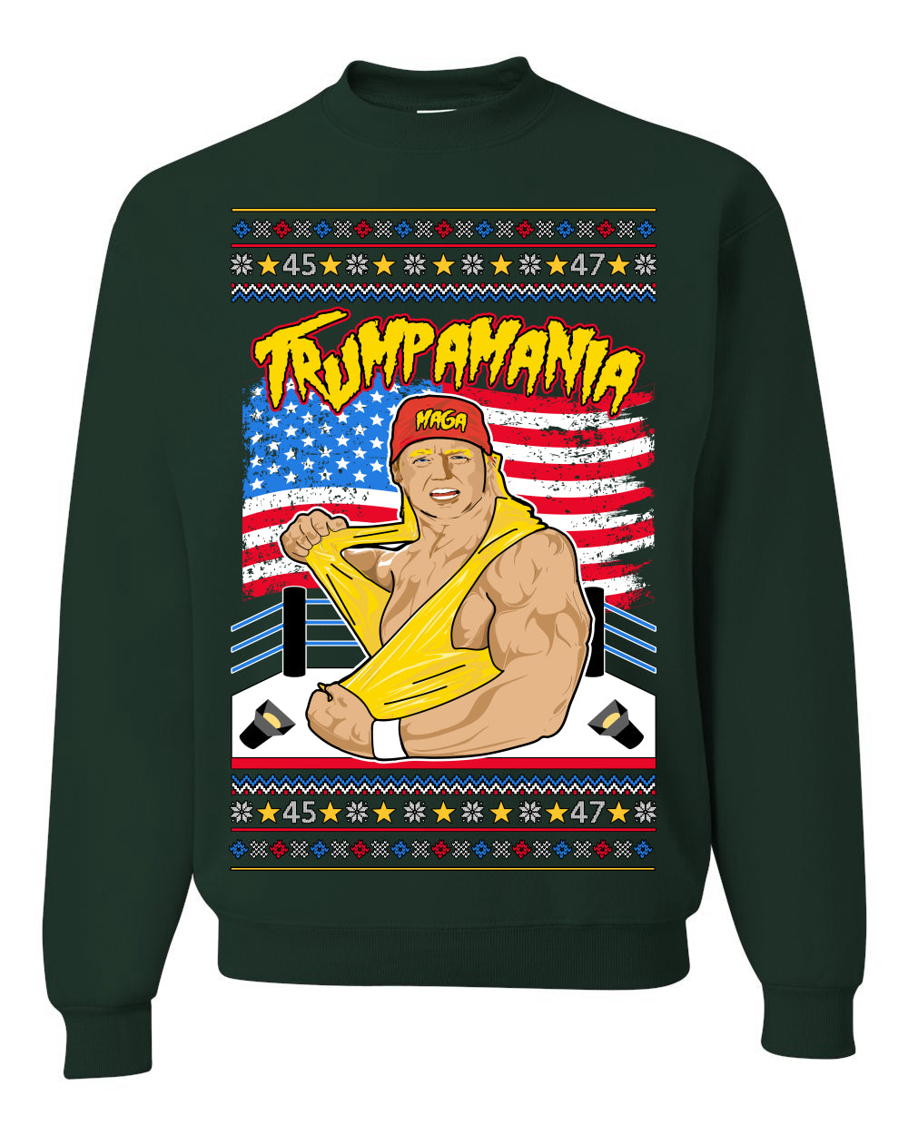 Trumpamania Funny Hogan 80s USA Wrestling Sports Parody, Donald Trump Vance 2024 Wrestler MAGA Make America Great Again, Ugly Christmas Sweater Ugly Christmas Unisex Crewneck Sweatshirt